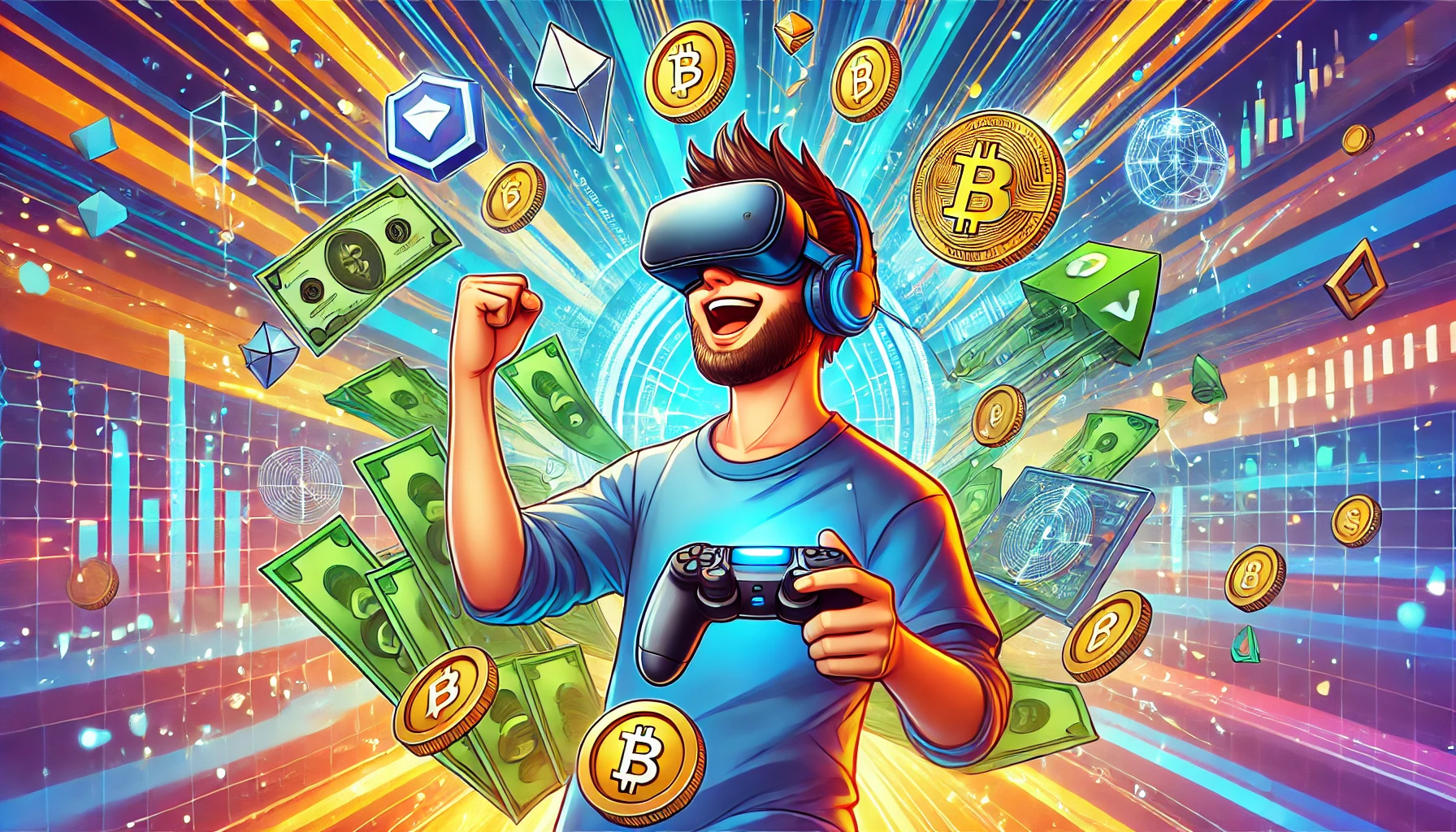 Real-life player celebrating in metaverse with digital coins, cryptocurrency, and gaming rewards.