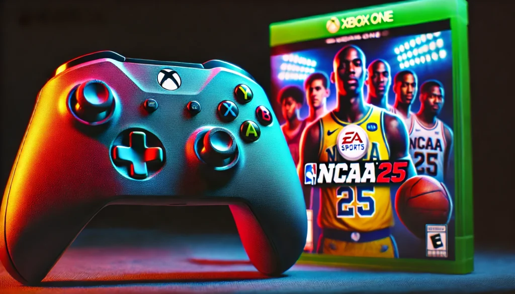 an Xbox One controller with a slightly blurred but recognizable NCAA 25 game cover in the background