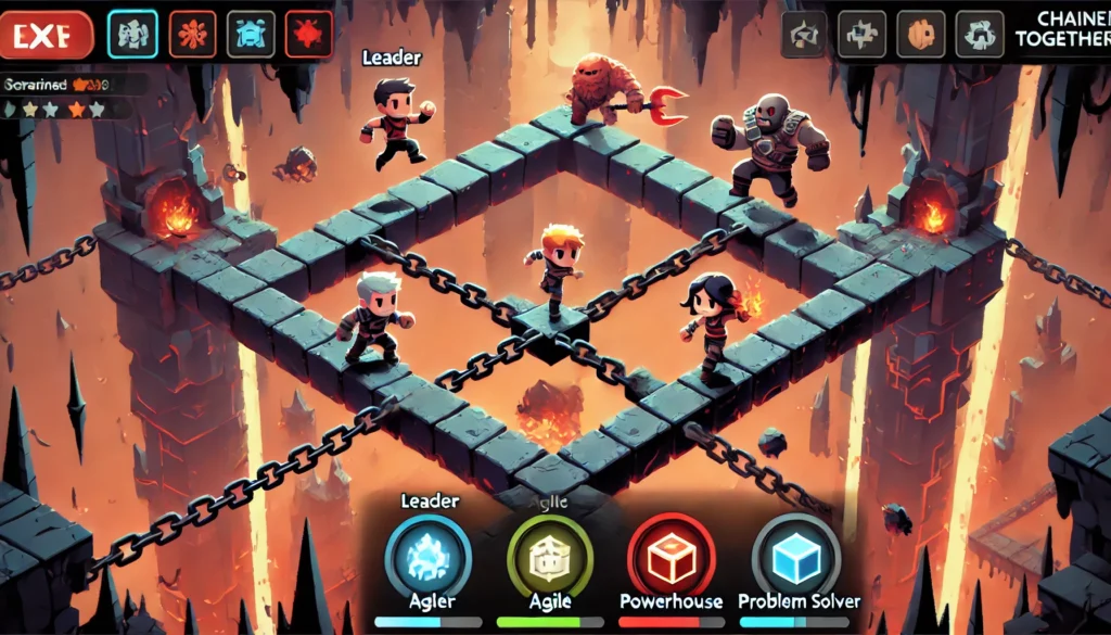 A screenshot from Chained Together showing four characters linked by a chain navigating a dangerous platform with lava and obstacles