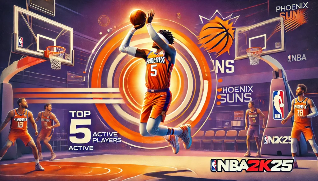 Top 5 Active Players—Action-packed moment of a Phoenix Suns player in an orange uniform on the court.