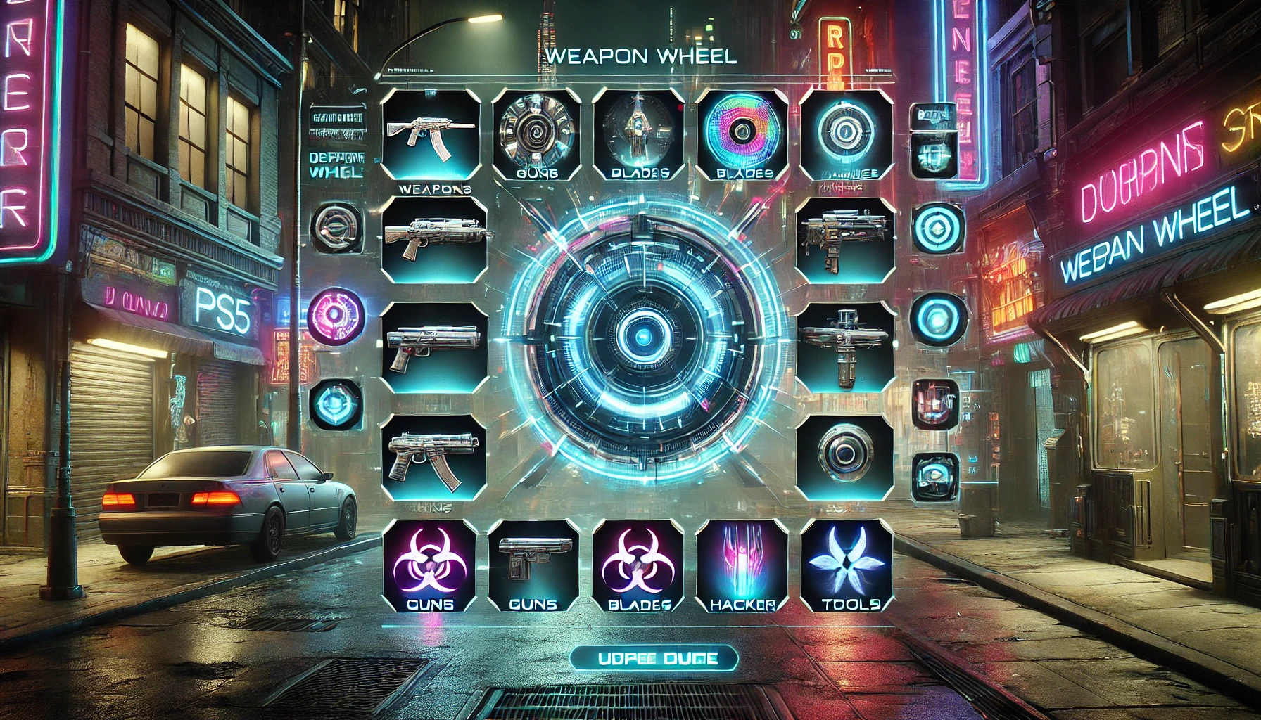 Futuristic weapon wheel interface from a cyberpunk PS5 game, with neon-lit weapons and a dark urban backdrop