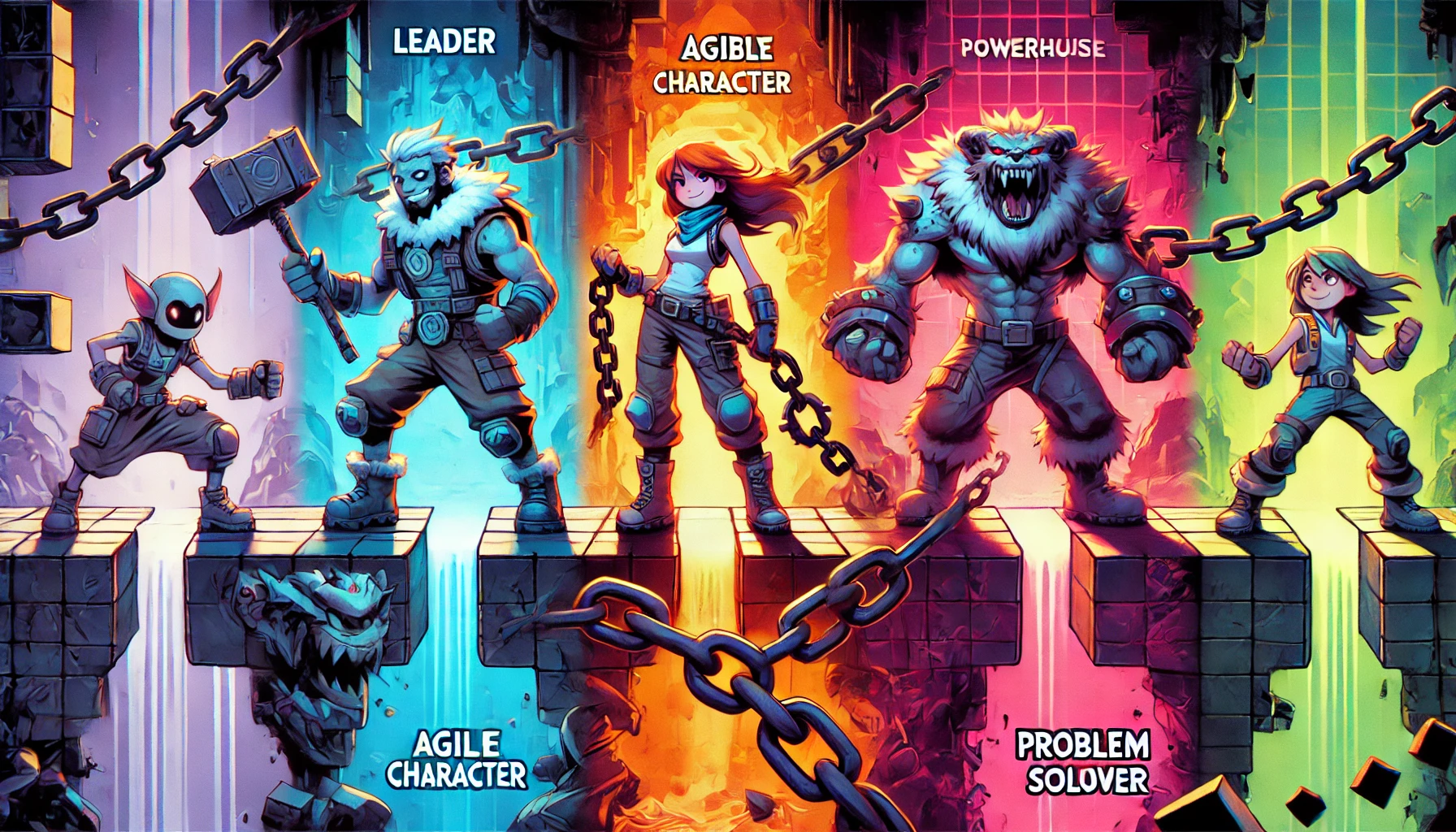 four characters from Chained Together connected by a chain, standing in a challenging platform environment with obstacles