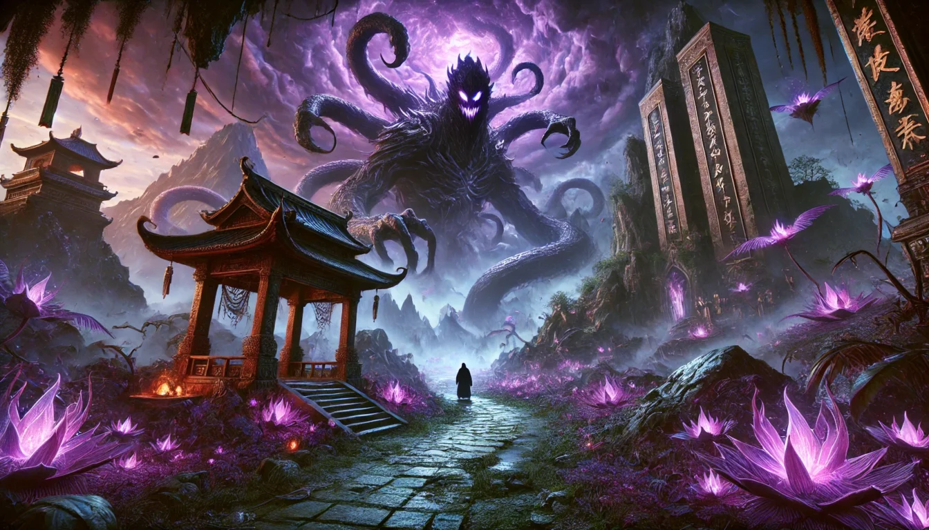 Dark fantasy environment in Black Myth Wukong Chapter 4 Purple Cloud Mountain with Venom Daoist