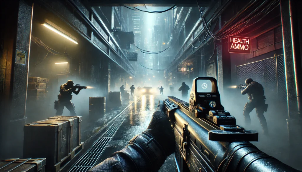 First-person view in a futuristic extraction shooter game, aiming down a neon-lit alley with weapon drawn