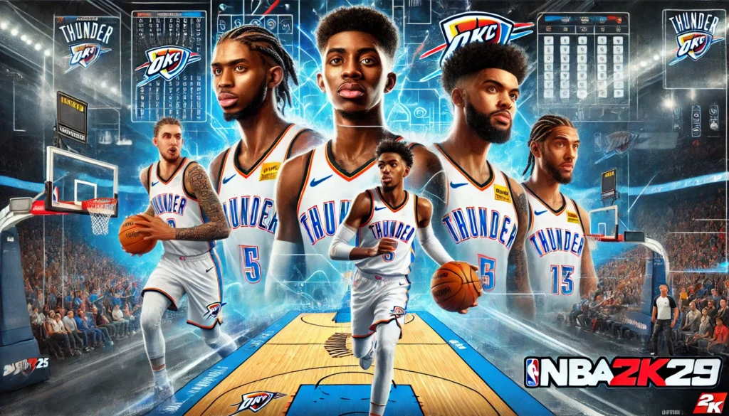 Oklahoma City Thunder's top players for NBA 2K25 - Shai Gilgeous-Alexander, Chet Holmgren, and Jalen Williams