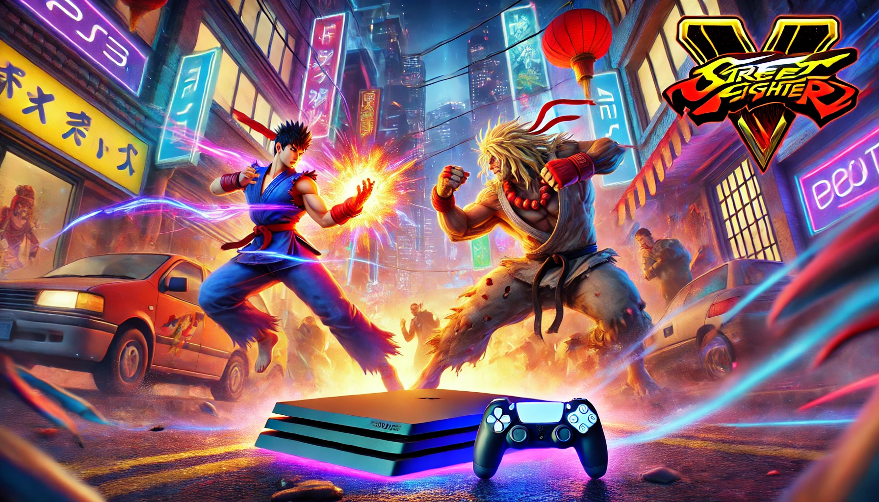 Intense battle between two characters in a lively street setting, filled with neon lights and cheering onlookers, showcasing the action in Street Fighter 6