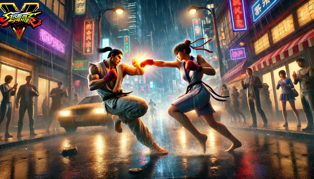 Two fighters locked in combat on a bustling city street at night, illuminated by neon signs and surrounded by an excited crowd, representing a thrilling moment in Street Fighter 6