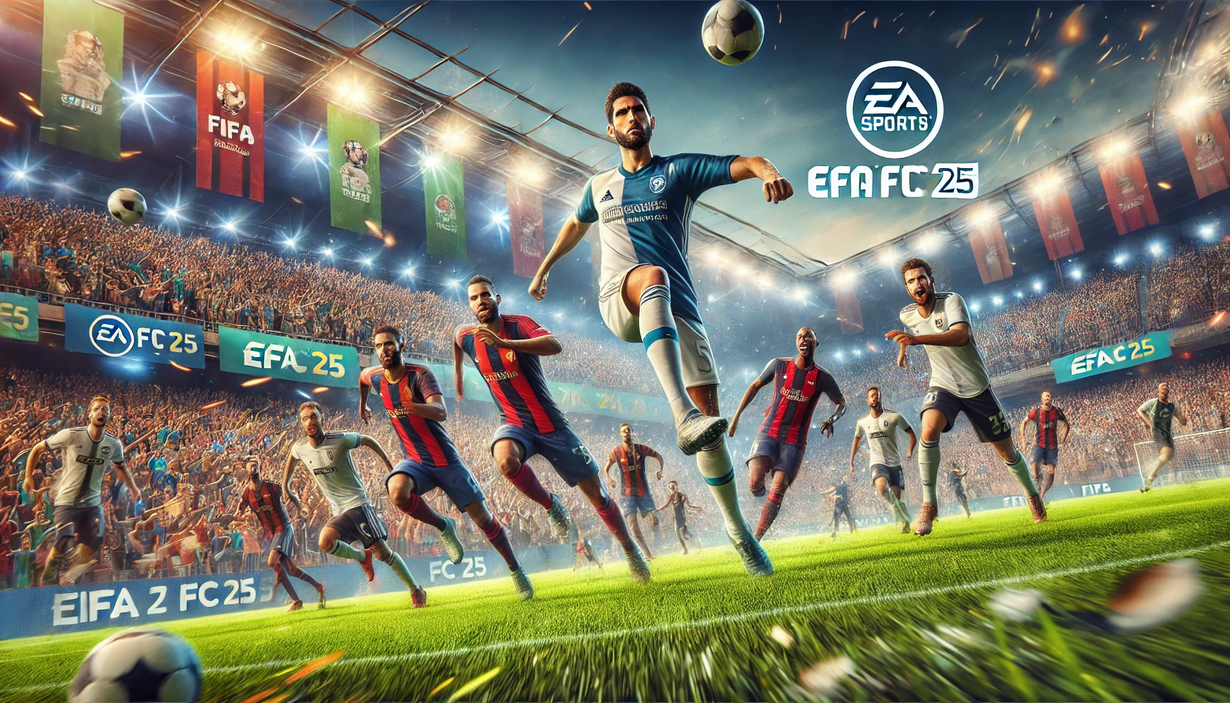 EA FC 25 captures the dynamic energy of a football match with a diverse group of players in action, set against a backdrop of a stadium filled with cheering fans