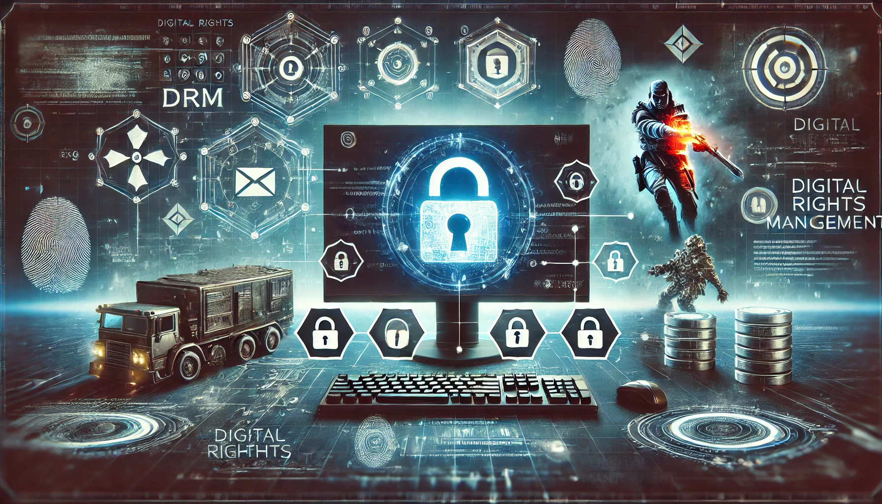 DRM in gaming, featuring digital locks, encrypted symbols, and a tech-focused background to convey the idea of digital security and anti-piracy measures