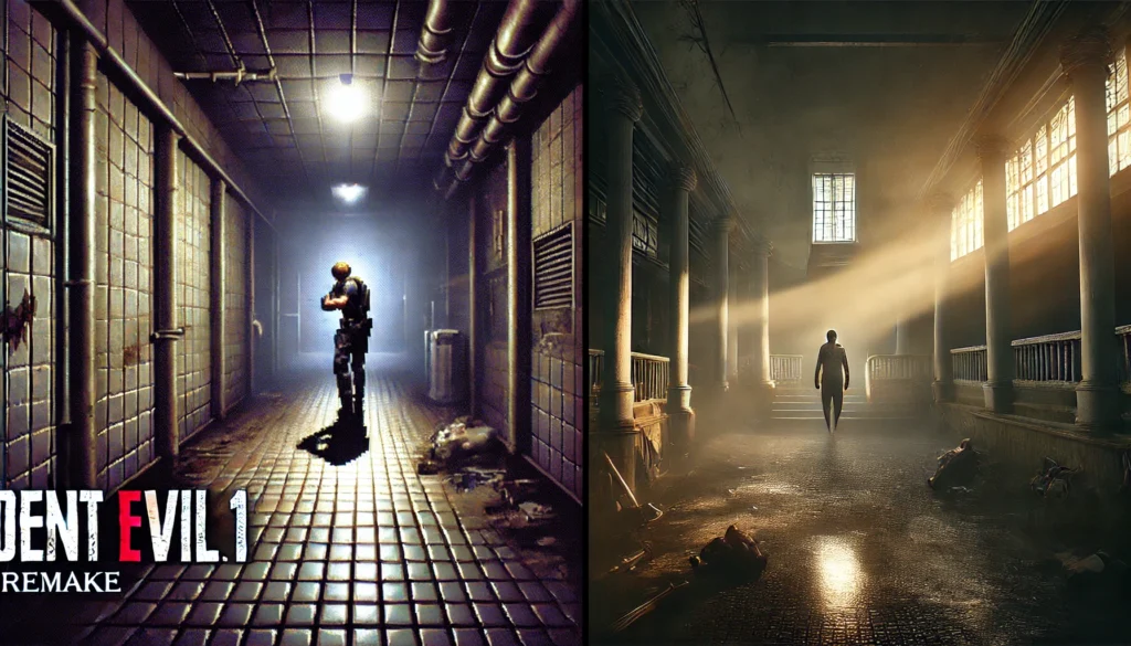 contrast between the original Resident Evil 1 and its remake, highlighting the evolution in graphics, atmosphere, and game design