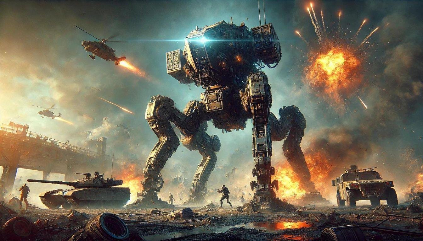 A giant battle walker with robotic legs, towering over tanks and soldiers in a post-apocalyptic battlefield, with helicopters and explosions lighting up the sky.