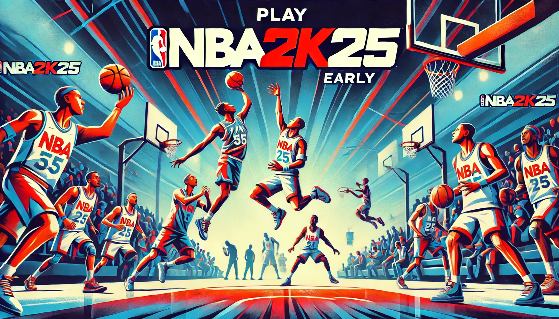 Play NBA 2K25 Early —featuring a dynamic and colorful basketball court scene, designed to attract and engage a gamer audience